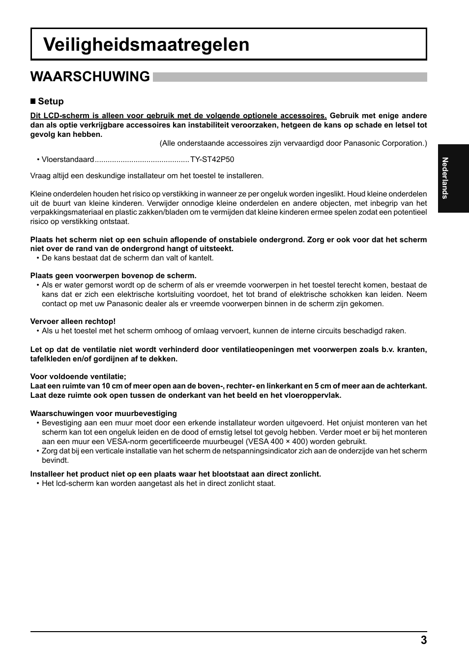 Veiligheidsmaatregelen, Waarschuwing | Panasonic TH42LF5E User Manual | Page 15 / 48