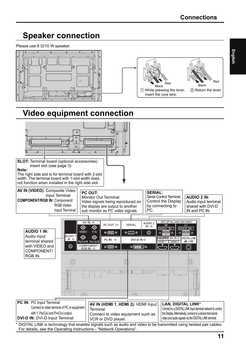 Video equipment connection, Speaker connection, Connections | Panasonic TH65LFB70E User Manual | Page 11 / 36