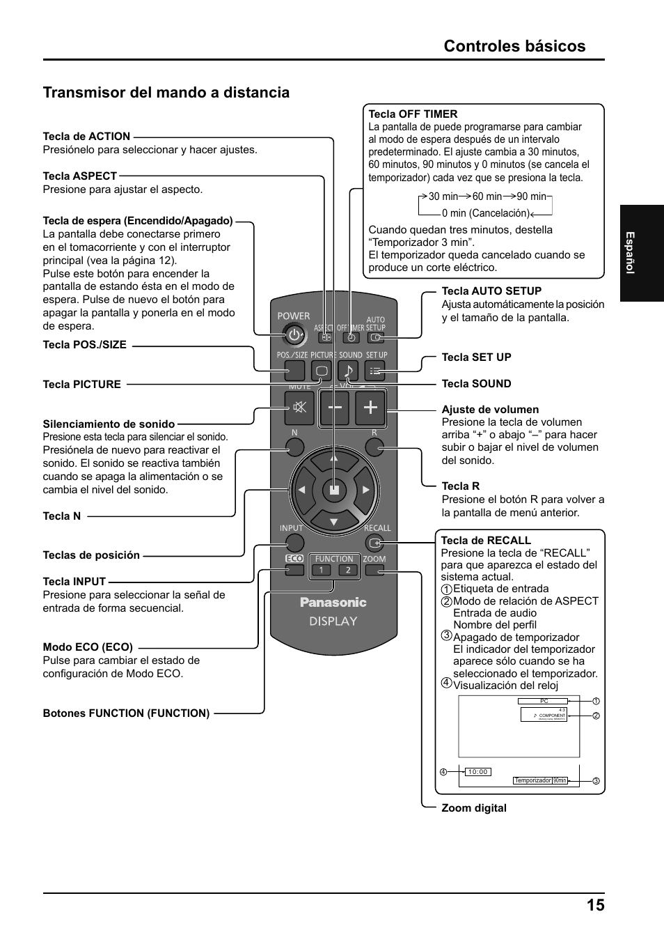 15 controles básicos, Transmisor del mando a distancia | Panasonic TH65LFB70E User Manual | Page 33 / 36
