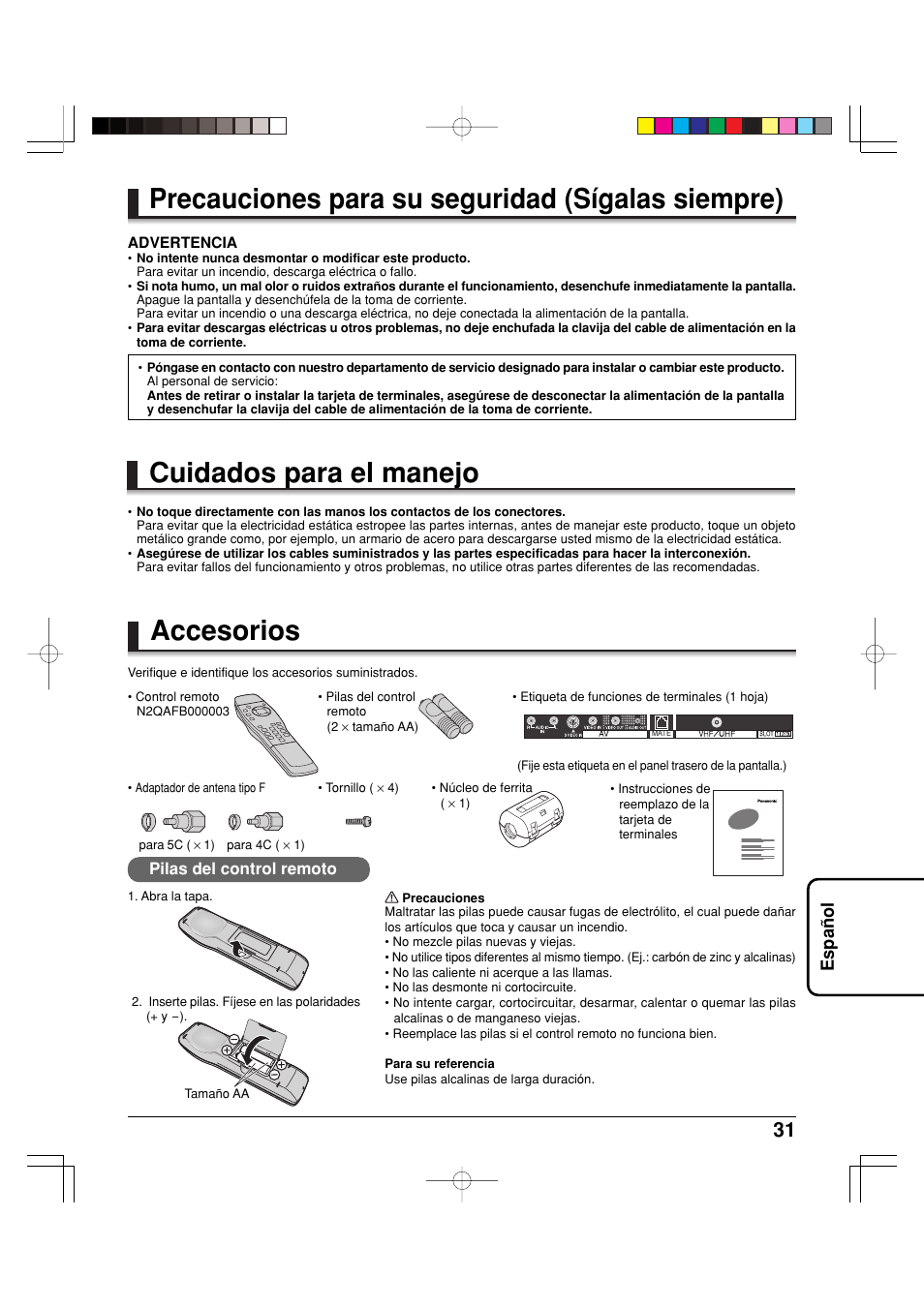Precauciones para su seguridad (sígalas siempre), Cuidados para el manejo, Accesorios | Espa ñ ol | Panasonic TY42TM6MA User Manual | Page 31 / 44
