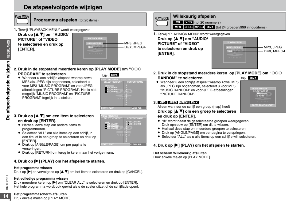 De afspeelvolgorde wijzigen, Programma afspelen, Willekeurig afspelen | Panasonic DVDS325 User Manual | Page 14 / 76