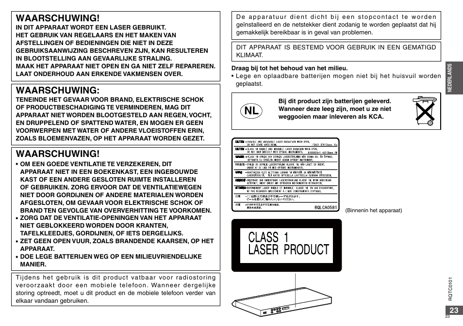 Waarschuwing | Panasonic DVDS325 User Manual | Page 23 / 76