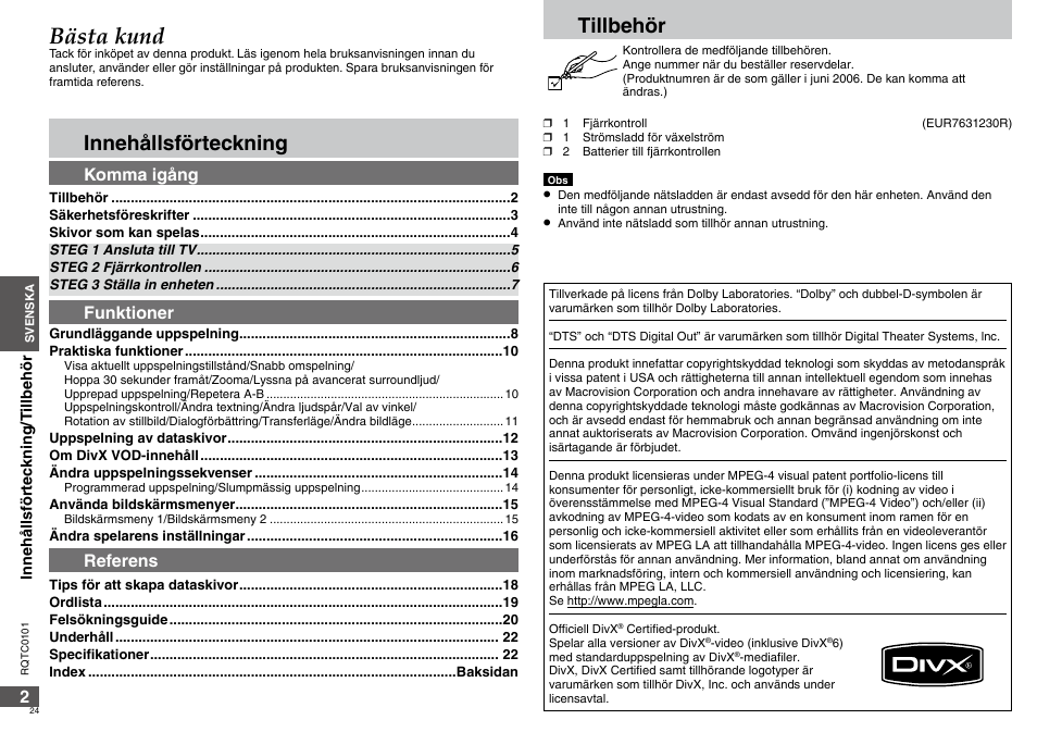 Bästa kund, Tillbehör, Innehållsförteckning | Komma igång, Funktioner, Referens | Panasonic DVDS325 User Manual | Page 24 / 76