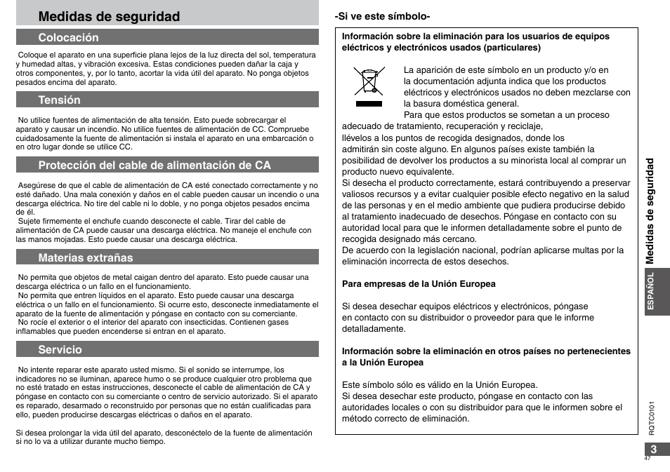 Medidas de seguridad, Colocación, Tensión | Protección del cable de alimentación de ca, Materias extrañas, Servicio | Panasonic DVDS325 User Manual | Page 47 / 76