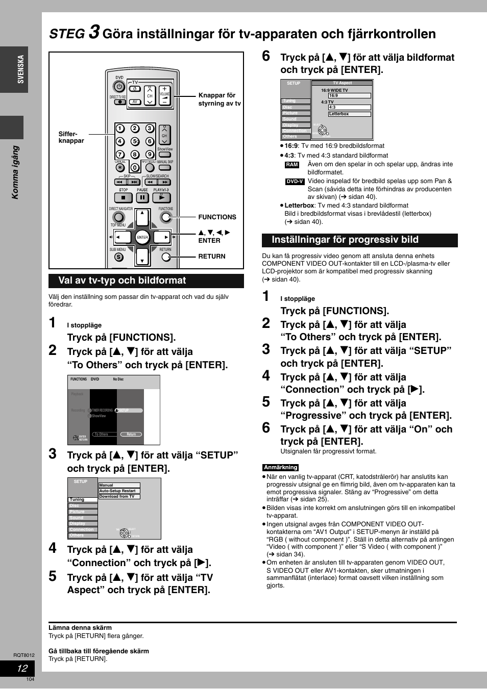 Steg, Tryck på [functions, Val av tv-typ och bildformat | Inställningar för progressiv bild | Panasonic DMRES10 User Manual | Page 104 / 156