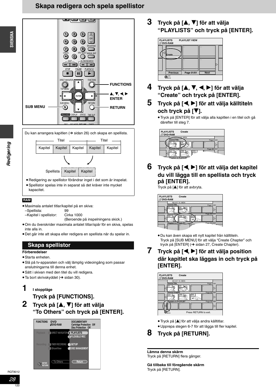 Skapa redigera och spela spellistor, Tryck på [functions, Tryck på [return | Skapa spellistor, Redige ring, Svenska | Panasonic DMRES10 User Manual | Page 120 / 156