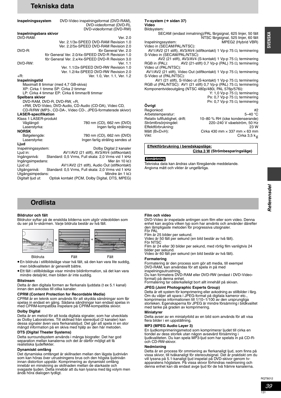 Tekniska data, Ordlista | Panasonic DMRES10 User Manual | Page 131 / 156