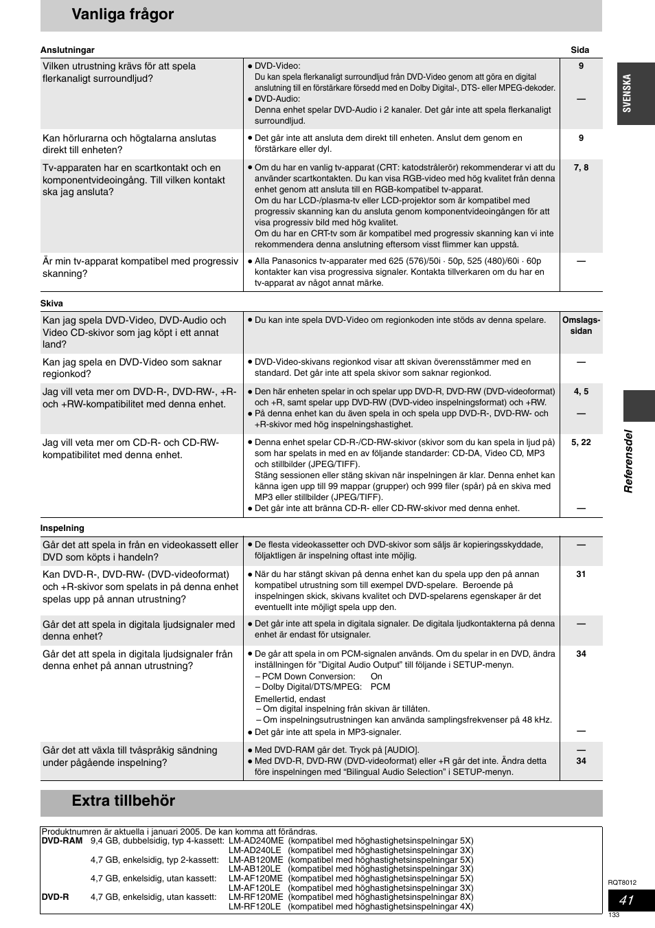 Vanliga frågor, Extra tillbehör | Panasonic DMRES10 User Manual | Page 133 / 156