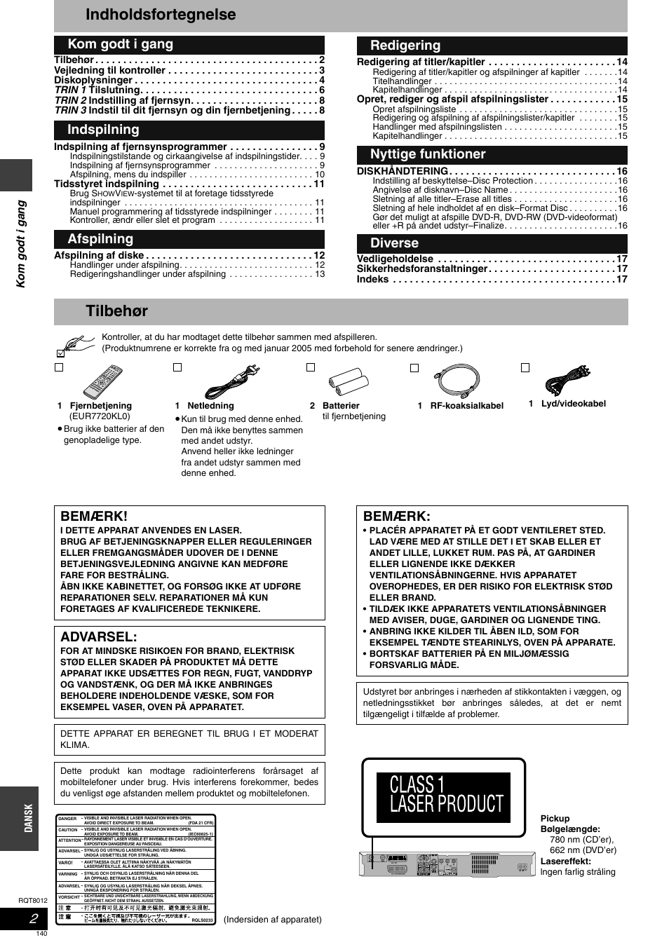 Indholdsfortegnelse, Tilbehør, Bemærk | Advarsel | Panasonic DMRES10 User Manual | Page 140 / 156