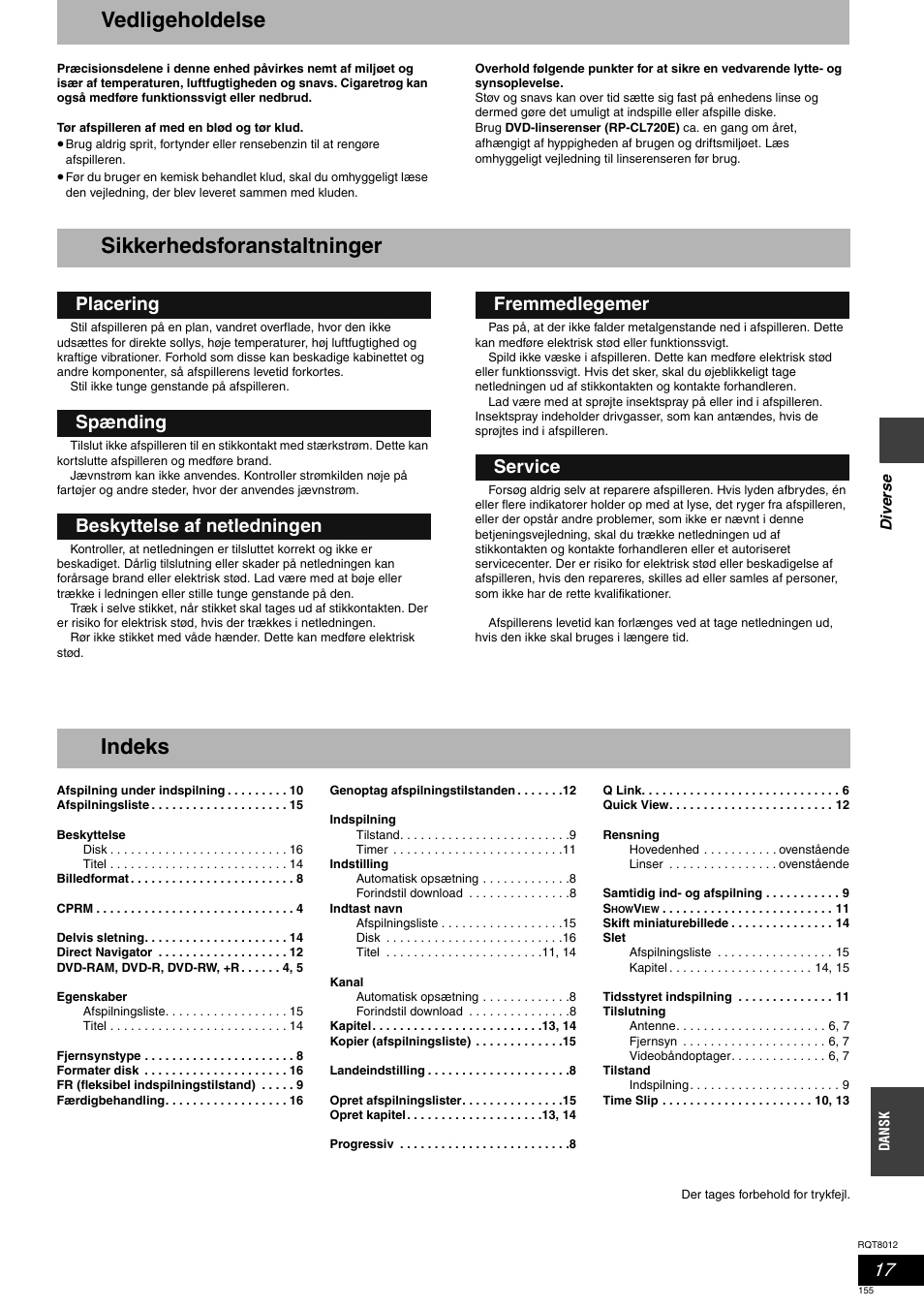 Vedligeholdelse, Sikkerhedsforanstaltninger, Indeks | Panasonic DMRES10 User Manual | Page 155 / 156