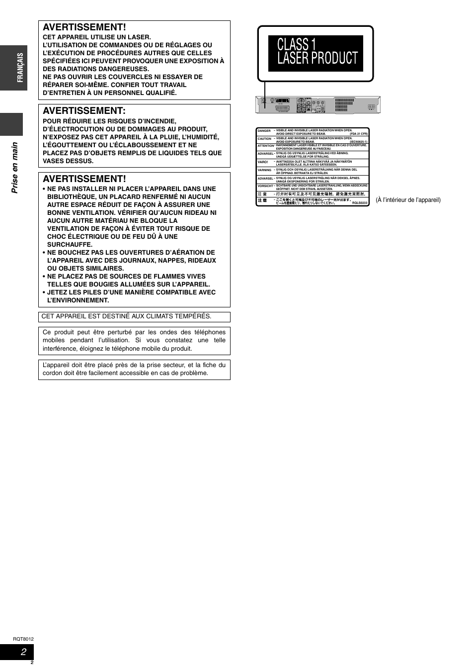 2avertissement, Avertissement, Pris e en ma in | França is | Panasonic DMRES10 User Manual | Page 2 / 156
