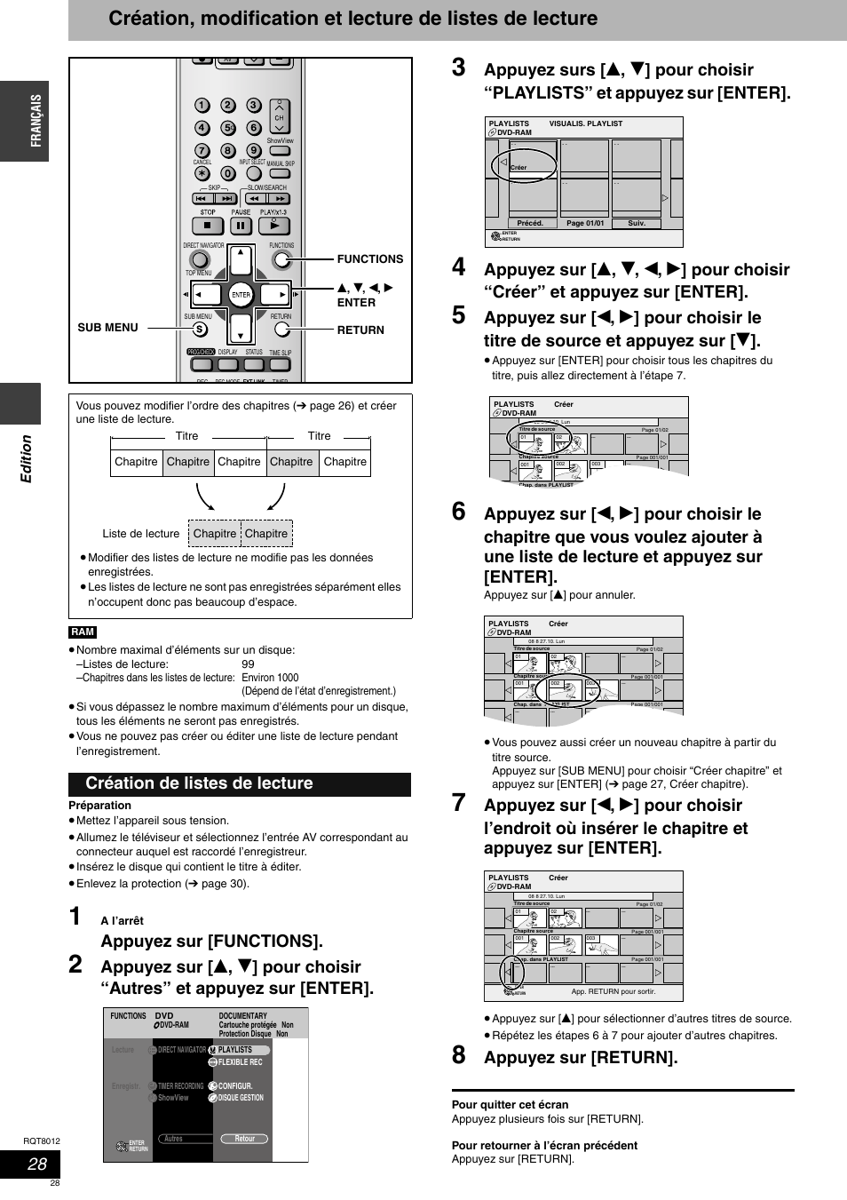 Appuyez sur [functions, Appuyez sur [return, Création de listes de lecture | Ed it io n, França is | Panasonic DMRES10 User Manual | Page 28 / 156