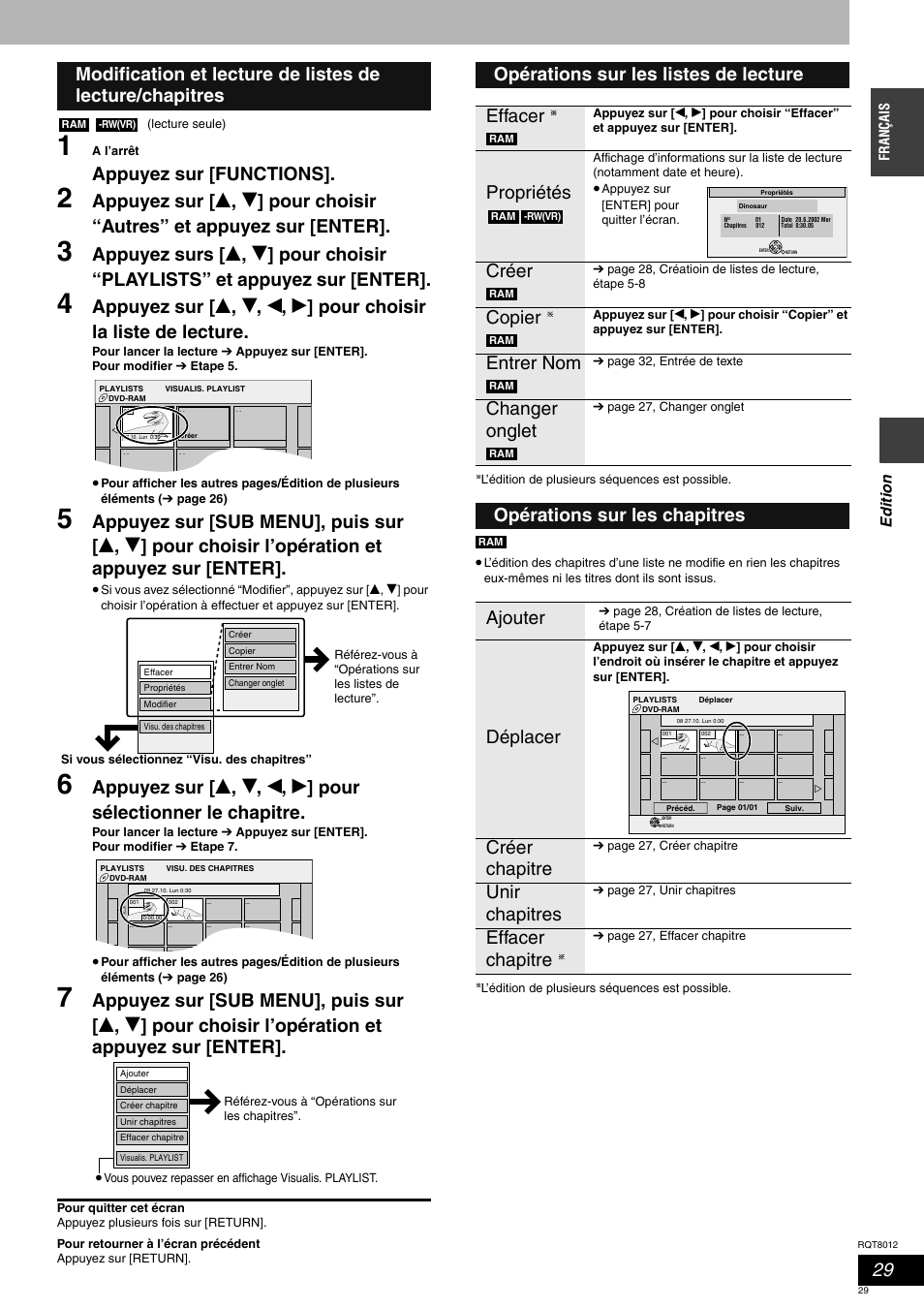 Appuyez sur [functions, Opérations sur les listes de lecture effacer, Propriétés | Créer, Copier, Entrer nom, Changer onglet, Opérations sur les chapitres ajouter déplacer, Créer chapitre, Unir chapitres | Panasonic DMRES10 User Manual | Page 29 / 156