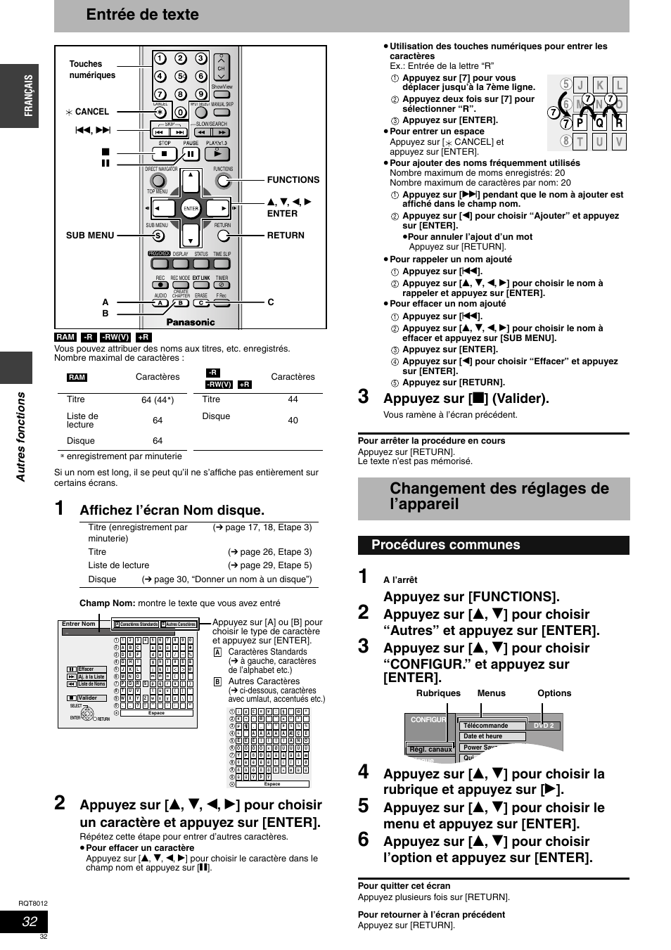 Entrée de texte, Changement des réglages de l’appareil, Affichez l’écran nom disque | Appuyez sur [ g ] (valider), Appuyez sur [functions, Procédures communes, Aut res f onc tions, França is | Panasonic DMRES10 User Manual | Page 32 / 156