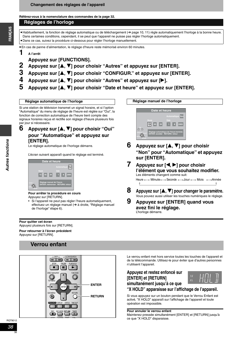Verrou enfant, Appuyez sur [functions, Appuyez sur [ e , r ] pour changer le paramètre | Réglages de l’horloge | Panasonic DMRES10 User Manual | Page 38 / 156
