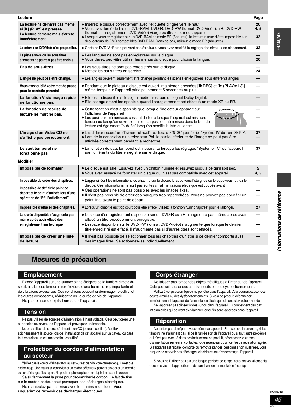 Mesures de précaution | Panasonic DMRES10 User Manual | Page 45 / 156