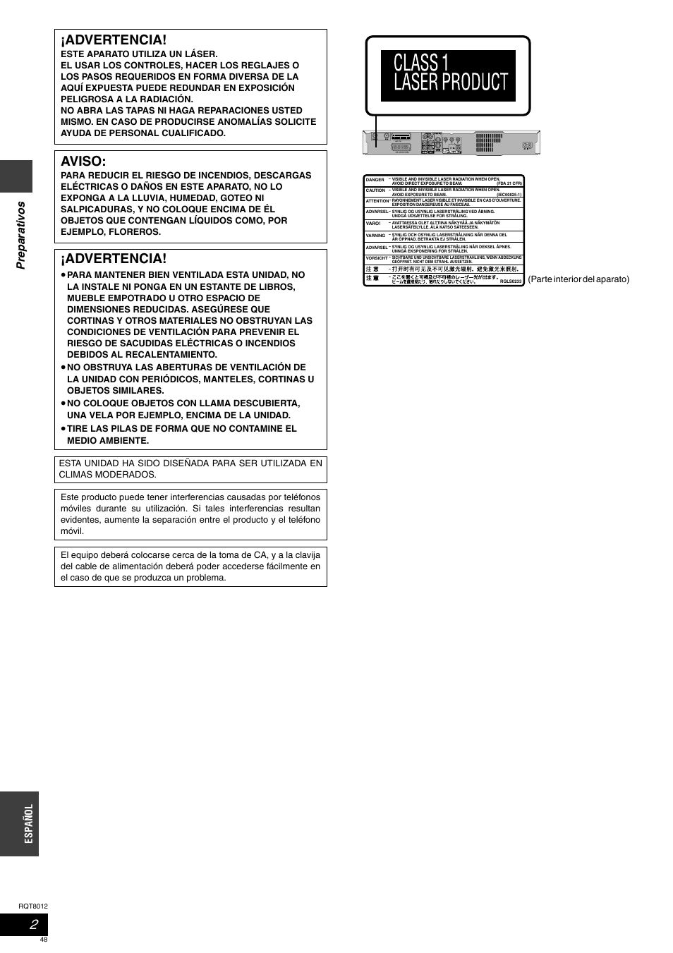 Advertencia, Aviso, Prep ar at iv os | Espa ñol | Panasonic DMRES10 User Manual | Page 48 / 156