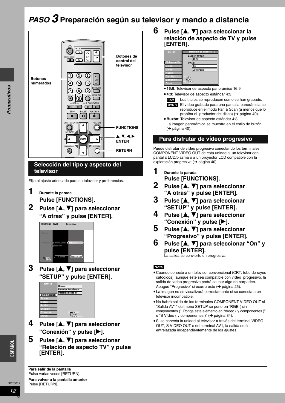 Paso, Preparación según su televisor y mando a distancia, Pulse [functions | Selección del tipo y aspecto del televisor, Para disfrutar de vídeo progresivo | Panasonic DMRES10 User Manual | Page 58 / 156