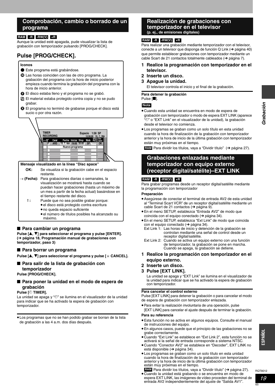 Pulse [prog/check, Comprobación, cambio o borrado de un programa | Panasonic DMRES10 User Manual | Page 65 / 156