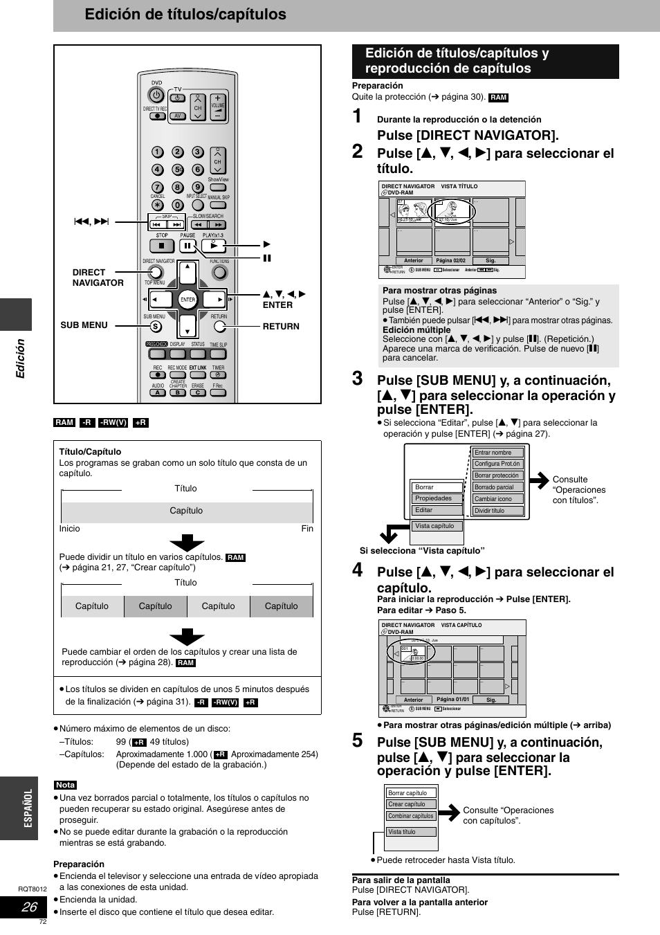 Edición de títulos/capítulos, Pulse [direct navigator, Pulse [ e , r , w , q ] para seleccionar el título | Edic ión | Panasonic DMRES10 User Manual | Page 72 / 156