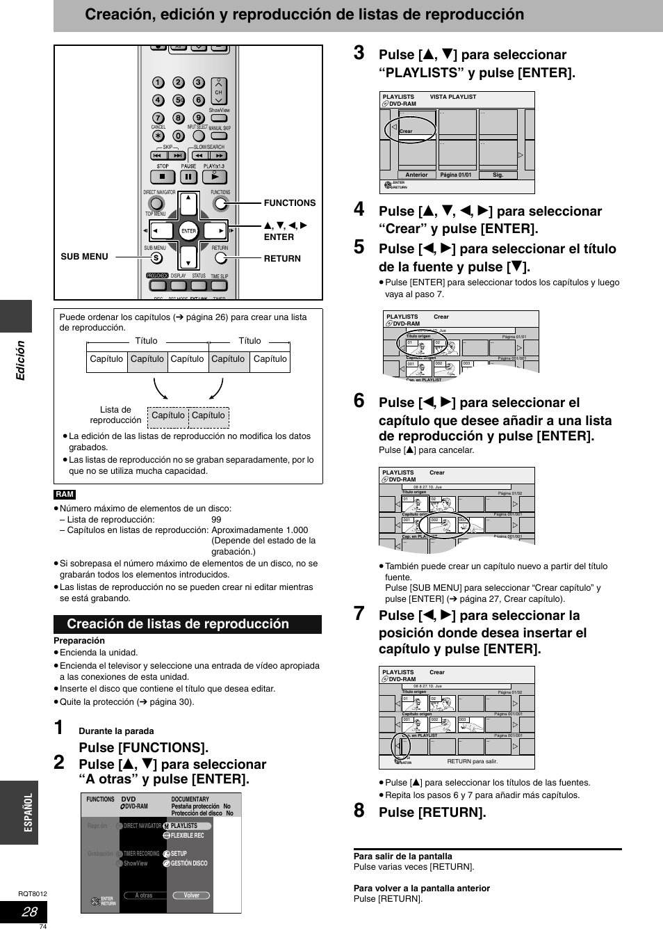 Pulse [functions, Pulse [return, Creación de listas de reproducción | Edic ión, Espa ñol | Panasonic DMRES10 User Manual | Page 74 / 156