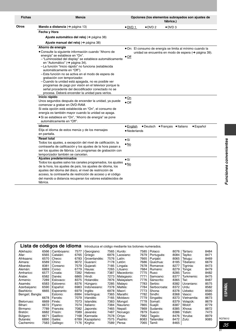 Lista de códigos de idioma | Panasonic DMRES10 User Manual | Page 81 / 156