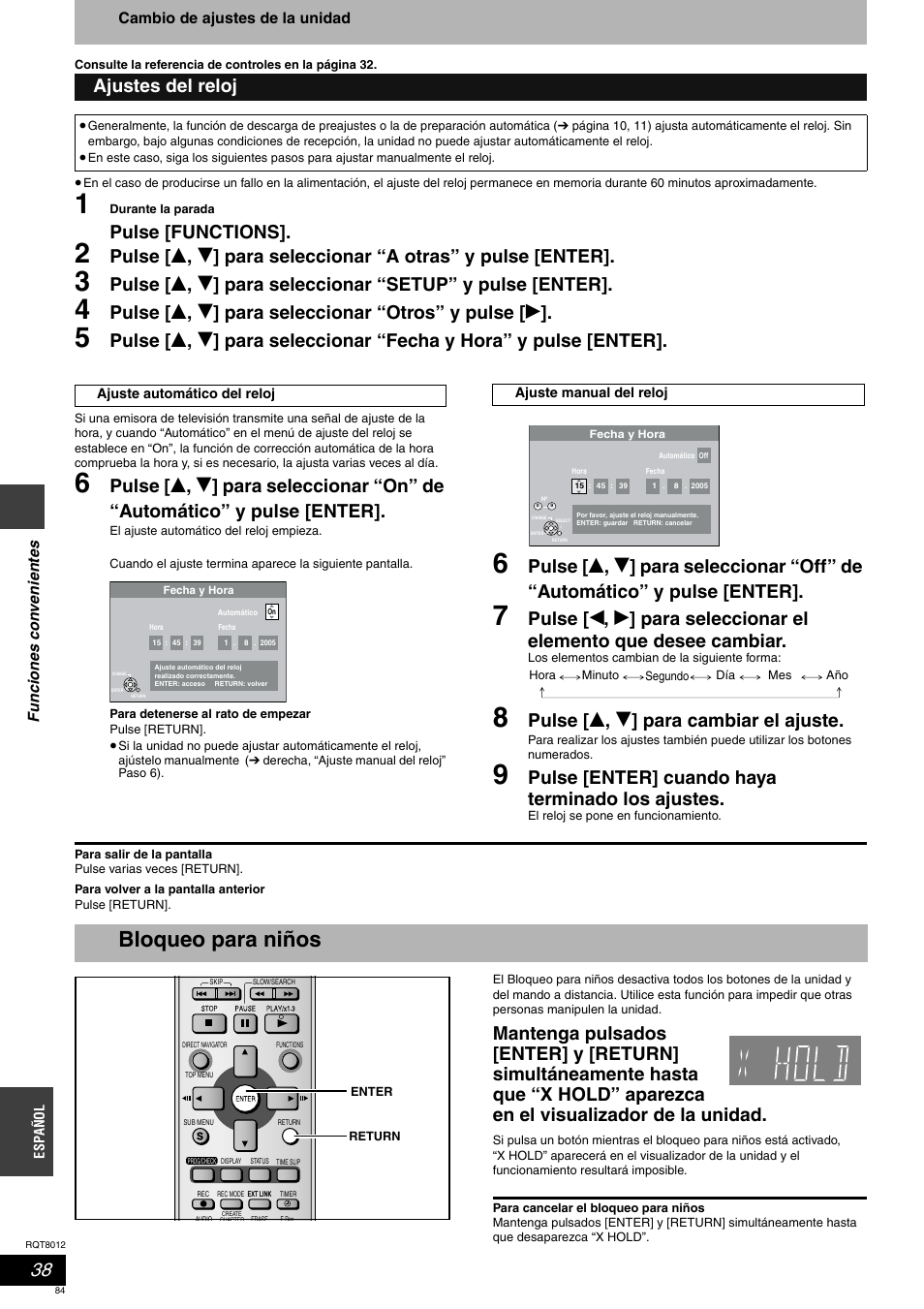Bloqueo para niños, Pulse [functions, Pulse [ e , r ] para cambiar el ajuste | Pulse [enter] cuando haya terminado los ajustes, Ajustes del reloj | Panasonic DMRES10 User Manual | Page 84 / 156