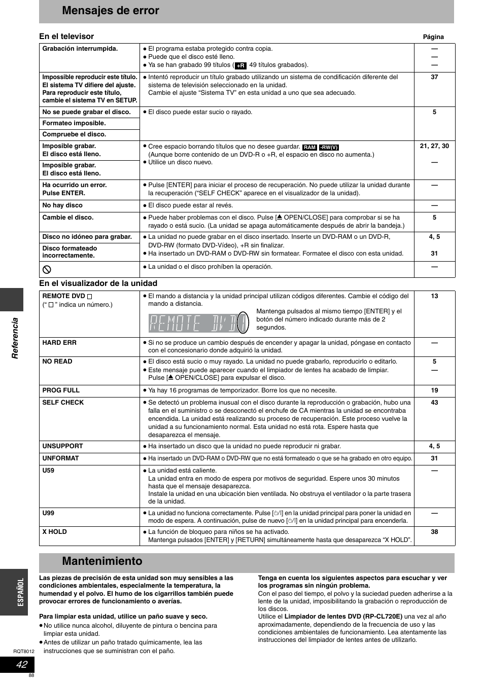Mensajes de error, Mantenimiento | Panasonic DMRES10 User Manual | Page 88 / 156