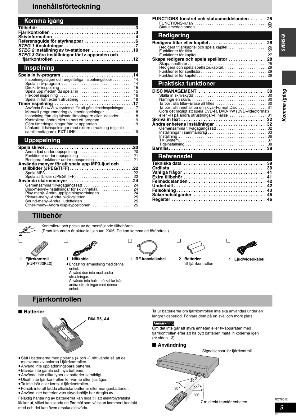 Innehållsförteckning, Tillbehör fjärrkontrollen | Panasonic DMRES10 User Manual | Page 95 / 156