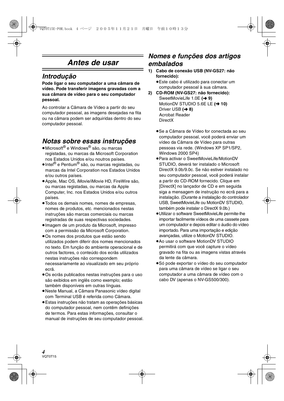 Antes de usar, Introdução, Notas sobre essas instruções | Nomes e funções dos artigos embalados | Panasonic NVGS37E User Manual | Page 4 / 76