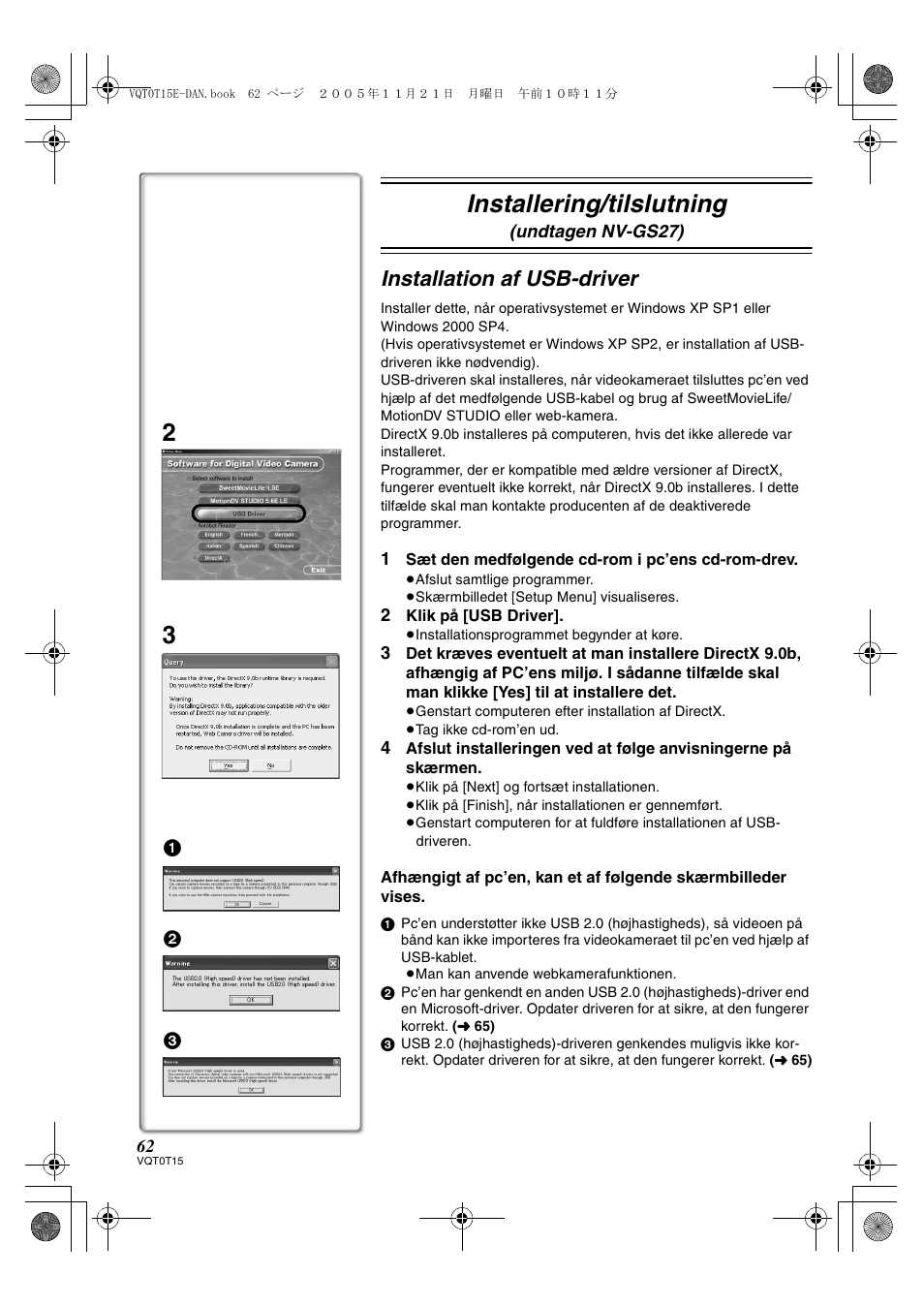 Installering/tilslutning, Installation af usb-driver | Panasonic NVGS37E User Manual | Page 62 / 76