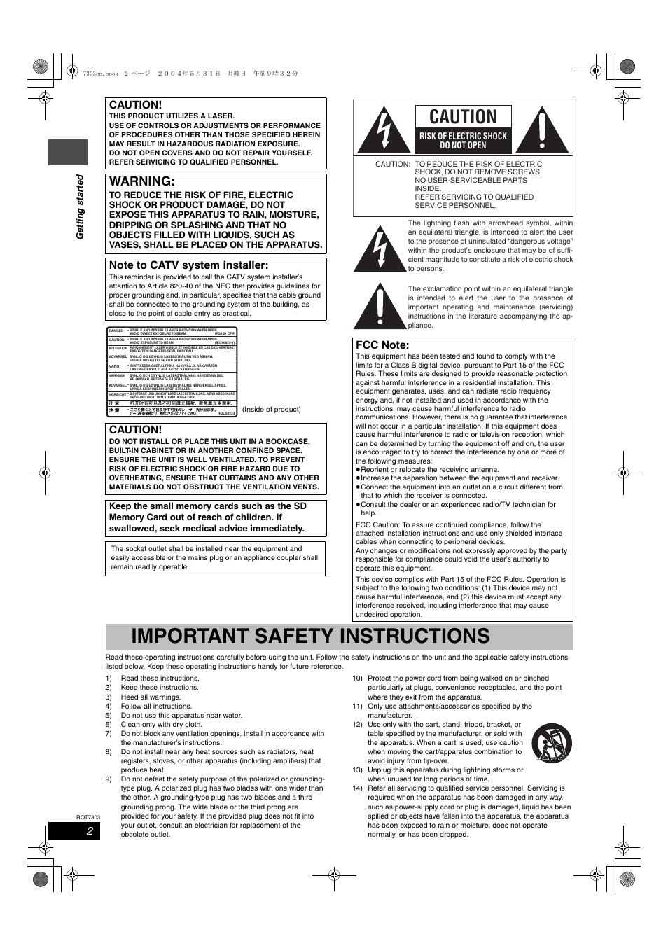 Important safety instructions, Warning, Caution | Ge tt in g s ta rte d, Risk of electric shock do not open | Panasonic DMRE65 User Manual | Page 2 / 60