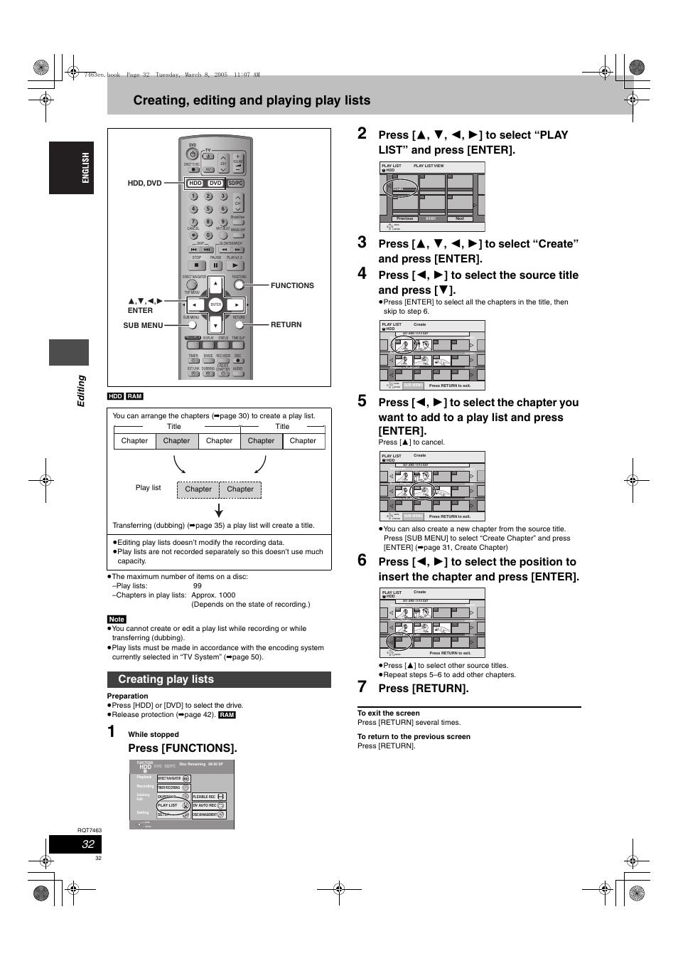 Creating, editing and playing play lists, Press [functions, Press [return | Creating play lists, Edit ing | Panasonic DMRE95H User Manual | Page 32 / 124