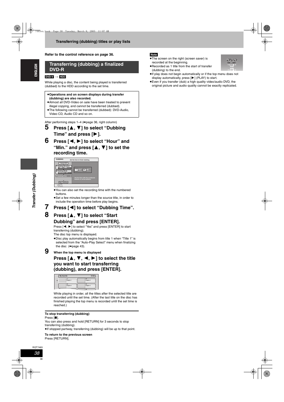 Press [ 2 ] to select “dubbing time, Transferring (dubbing) a finalized dvd-r | Panasonic DMRE95H User Manual | Page 38 / 124