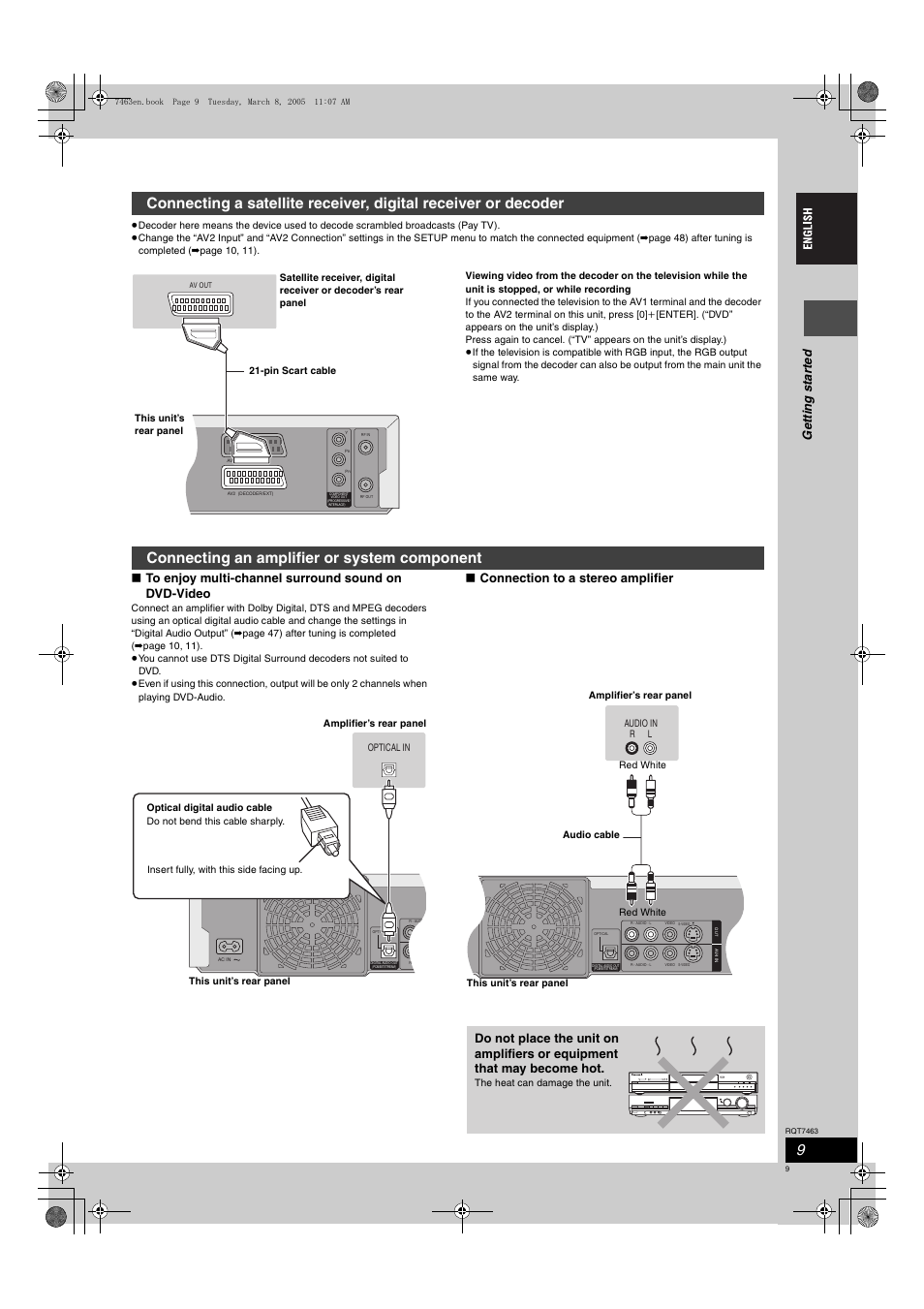 Connecting an amplifier or system component, Ge tt in g st ar te d, Connection to a stereo amplifier | Panasonic DMRE95H User Manual | Page 9 / 124