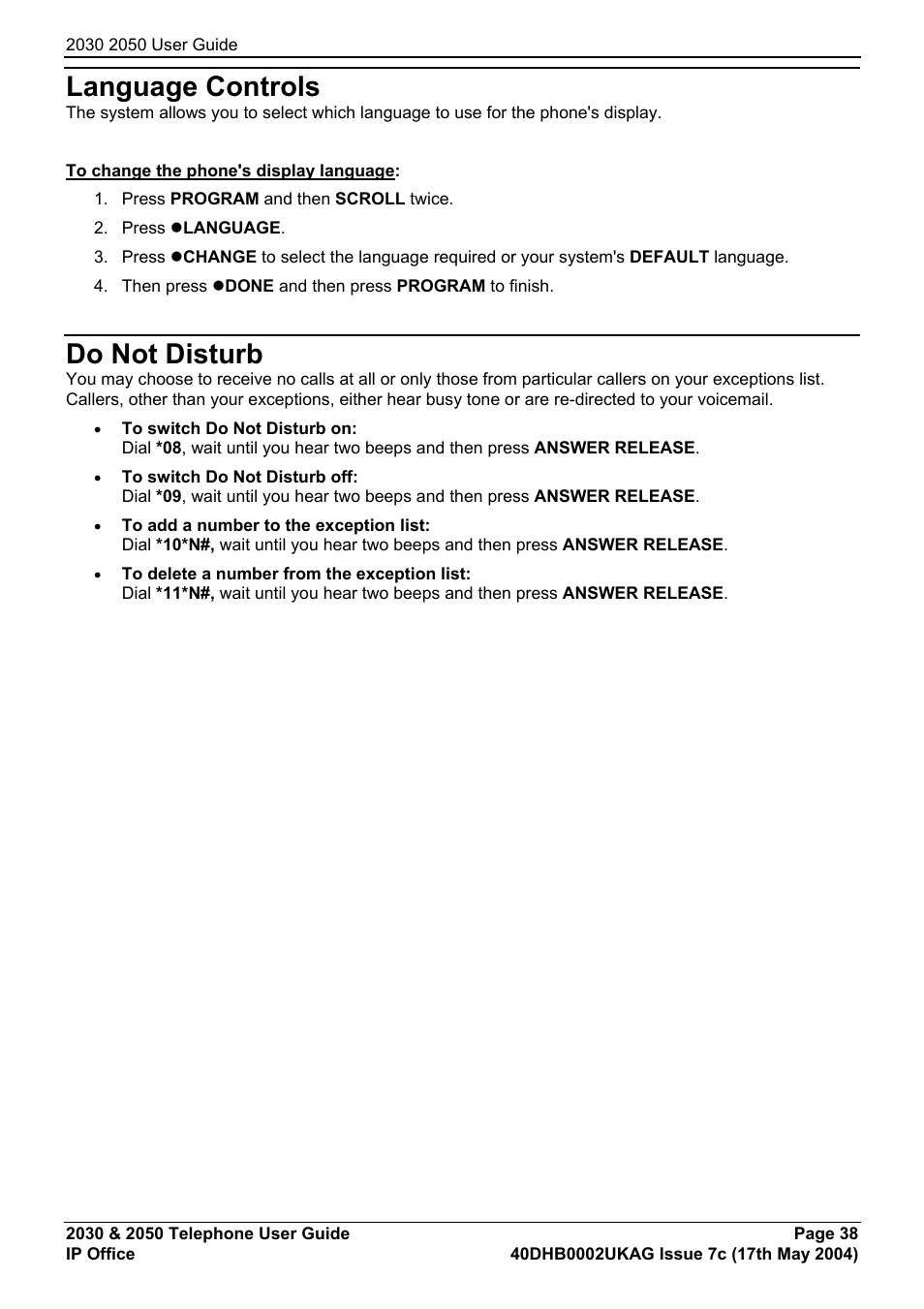 Language controls, Do not disturb, Phone settings | Avaya 2050 User Manual | Page 42 / 51