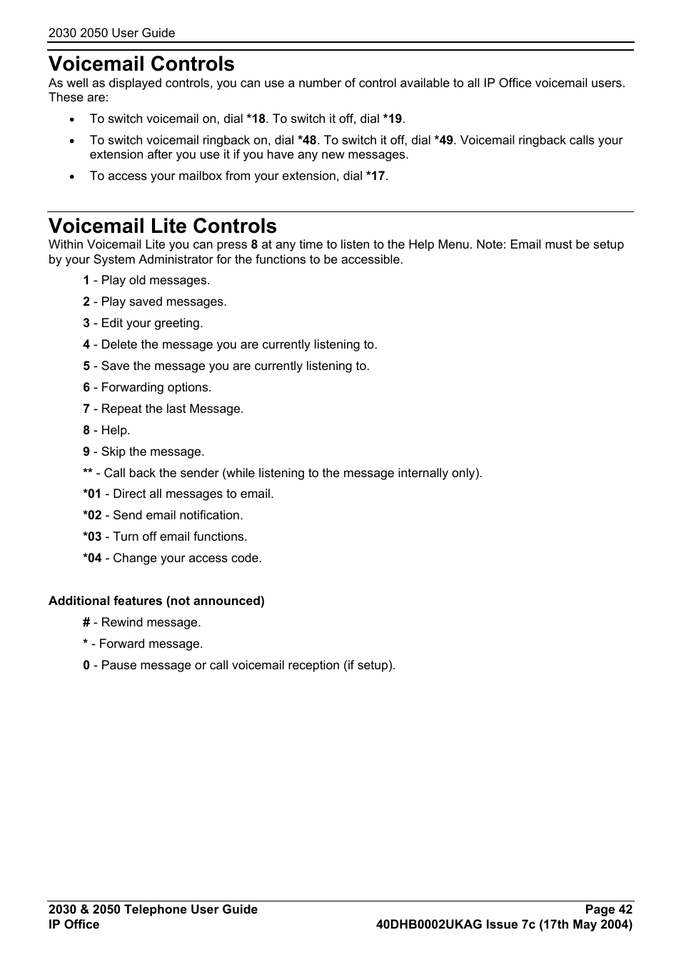Voicemail controls, Voicemail lite controls, Voicemail | Avaya 2050 User Manual | Page 46 / 51