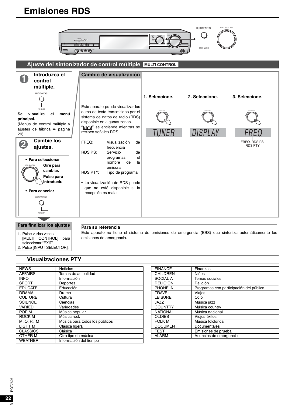 Tuner, Display, Freq | Emisiones rds, Ajuste del sintonizador de control múltiple, Visualizaciones pty, Introduzca el control múltiple, Cambio de visualización, Cambie los ajustes | Panasonic SAXR70 User Manual | Page 22 / 29