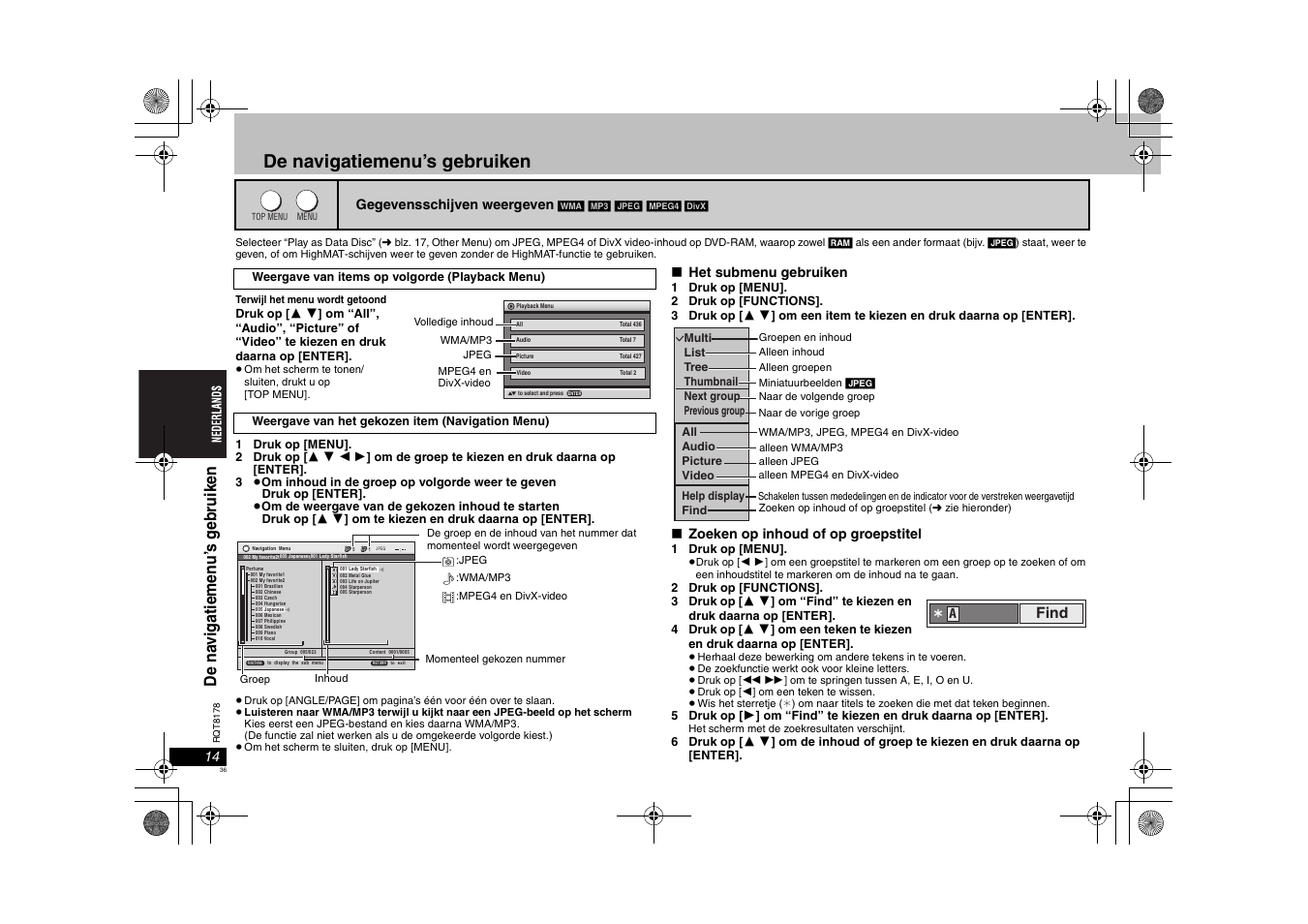 De navigatiemenu’s gebruiken, Find | Panasonic DVDS295EG User Manual | Page 36 / 72