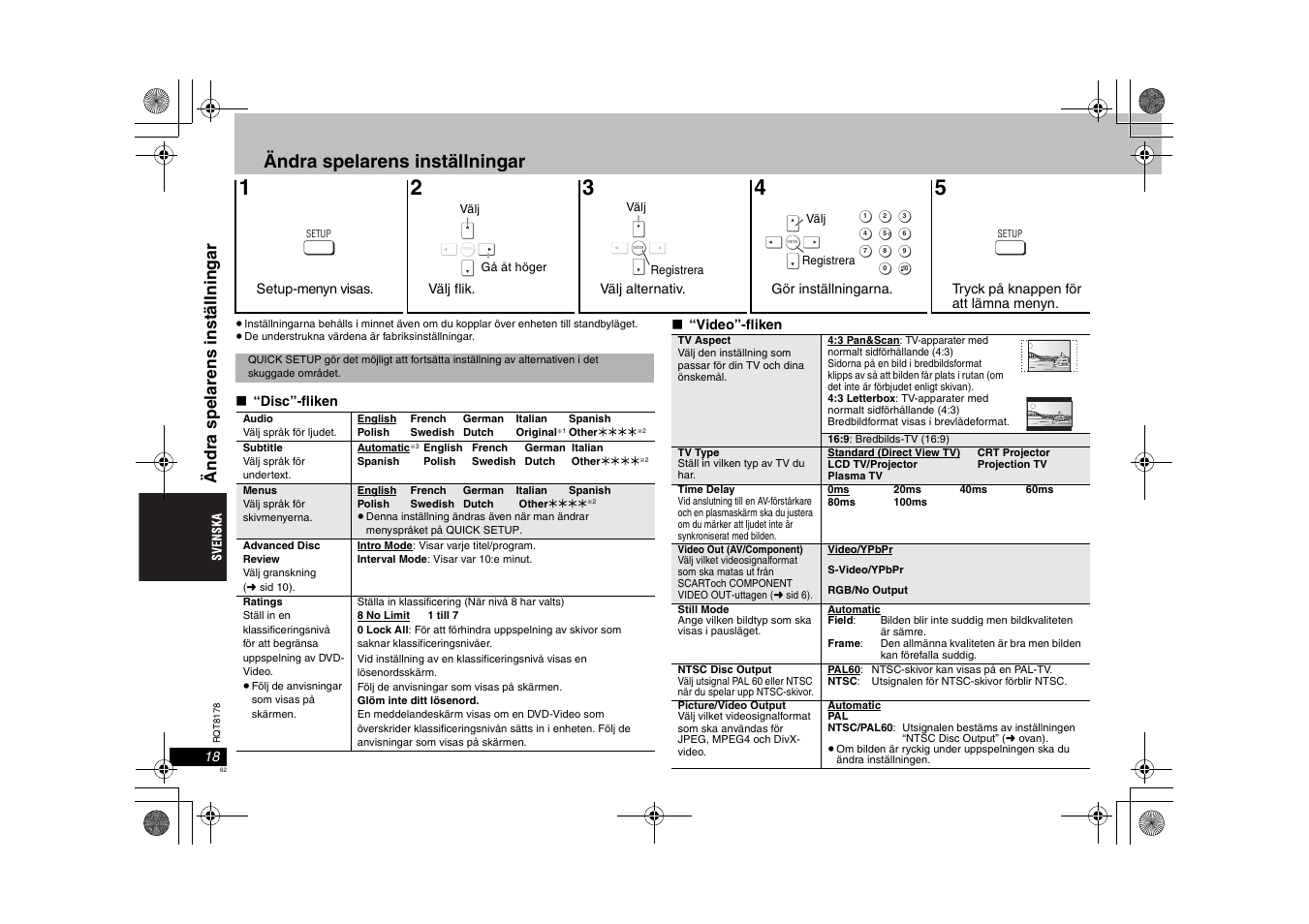 Ändra spelarens inställningar, Ändr a s pelar ens inst äll n ingar | Panasonic DVDS295EG User Manual | Page 62 / 72