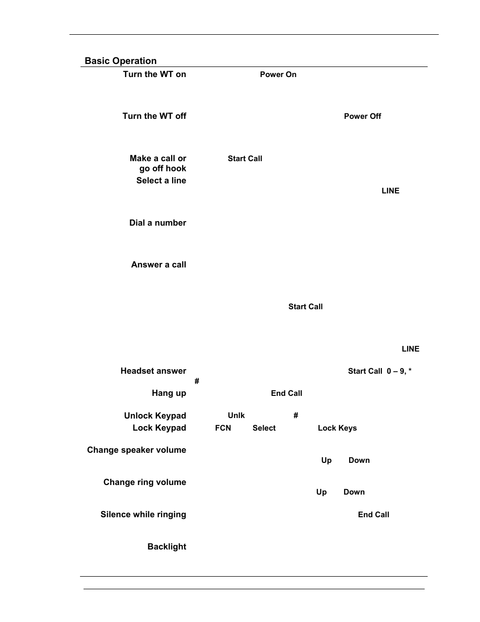 Basic operation, Turn the wt on, Turn the wt off | Make a call or go off hook, Select a line, Dial a number, Answer a call, Headset answer, Hang up, Unlock keypad | Avaya 3600 Series User Manual | Page 10 / 36