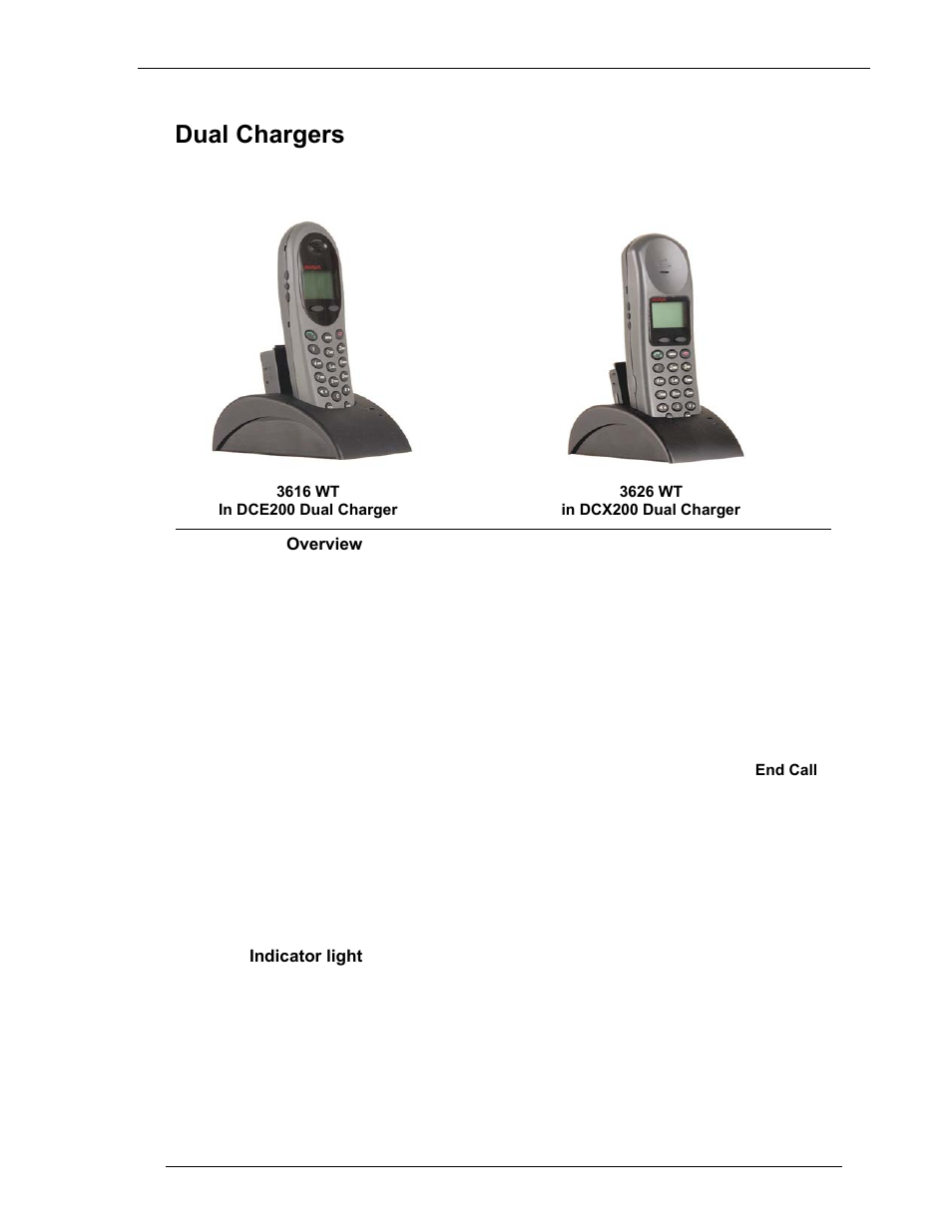 Dual chargers, Overview, Indicator light | Avaya 3600 Series User Manual | Page 25 / 36