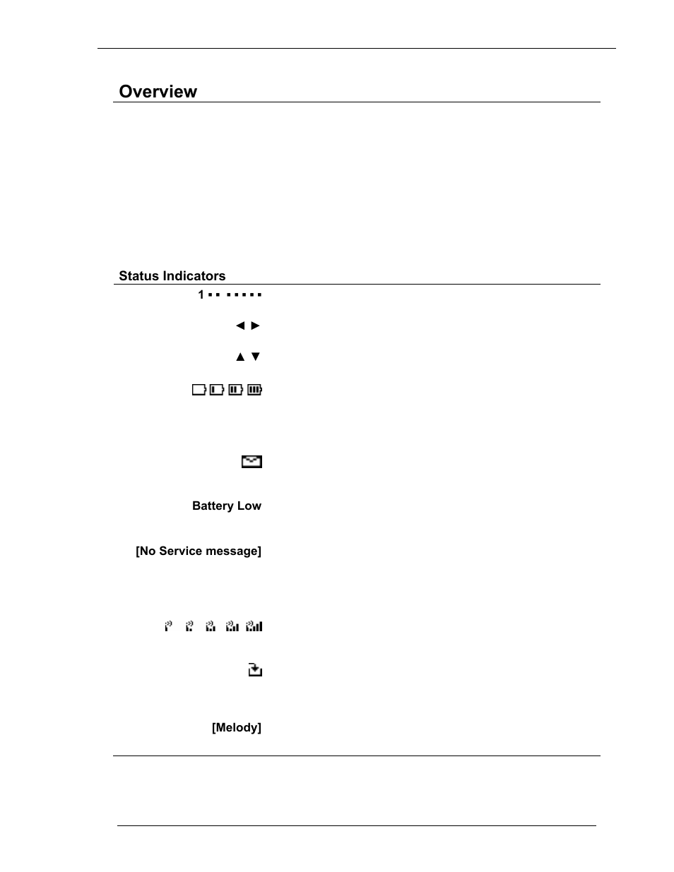 Overview, Status indicators, Battery low | No service message, Melody | Avaya 3600 Series User Manual | Page 8 / 36