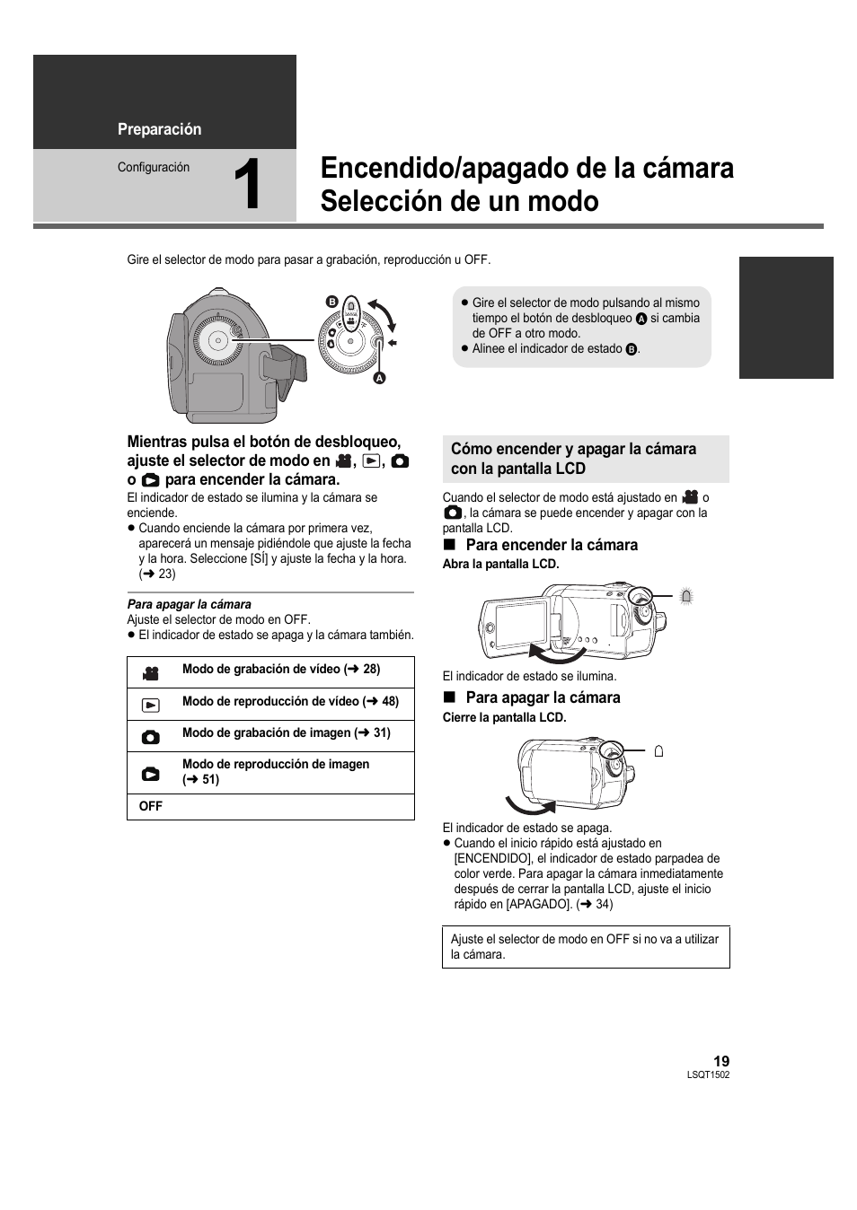 Configuración, 1] encendido/apagado de la cámara, Selección de un modo | L 19 | Panasonic SDRS26 User Manual | Page 19 / 102