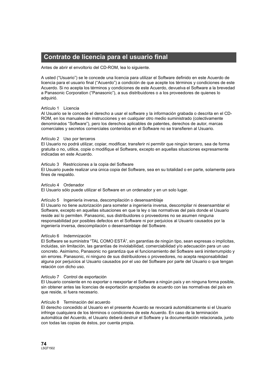 Contrato de licencia para el usuario final | Panasonic SDRS26 User Manual | Page 74 / 102