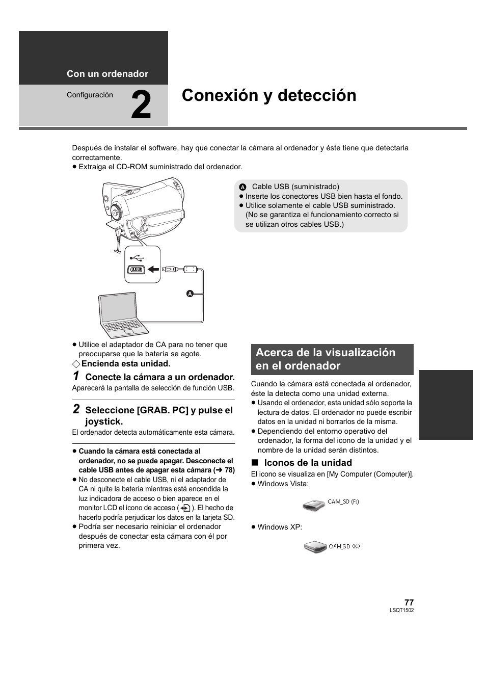 Conexión y detección, Acerca de la visualización en el ordenador, 2] conexión y detección | Panasonic SDRS26 User Manual | Page 77 / 102