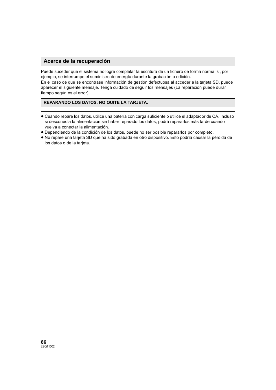 L 86, acerca de la, Recuperación), Acerca de la recuperación | Panasonic SDRS26 User Manual | Page 86 / 102