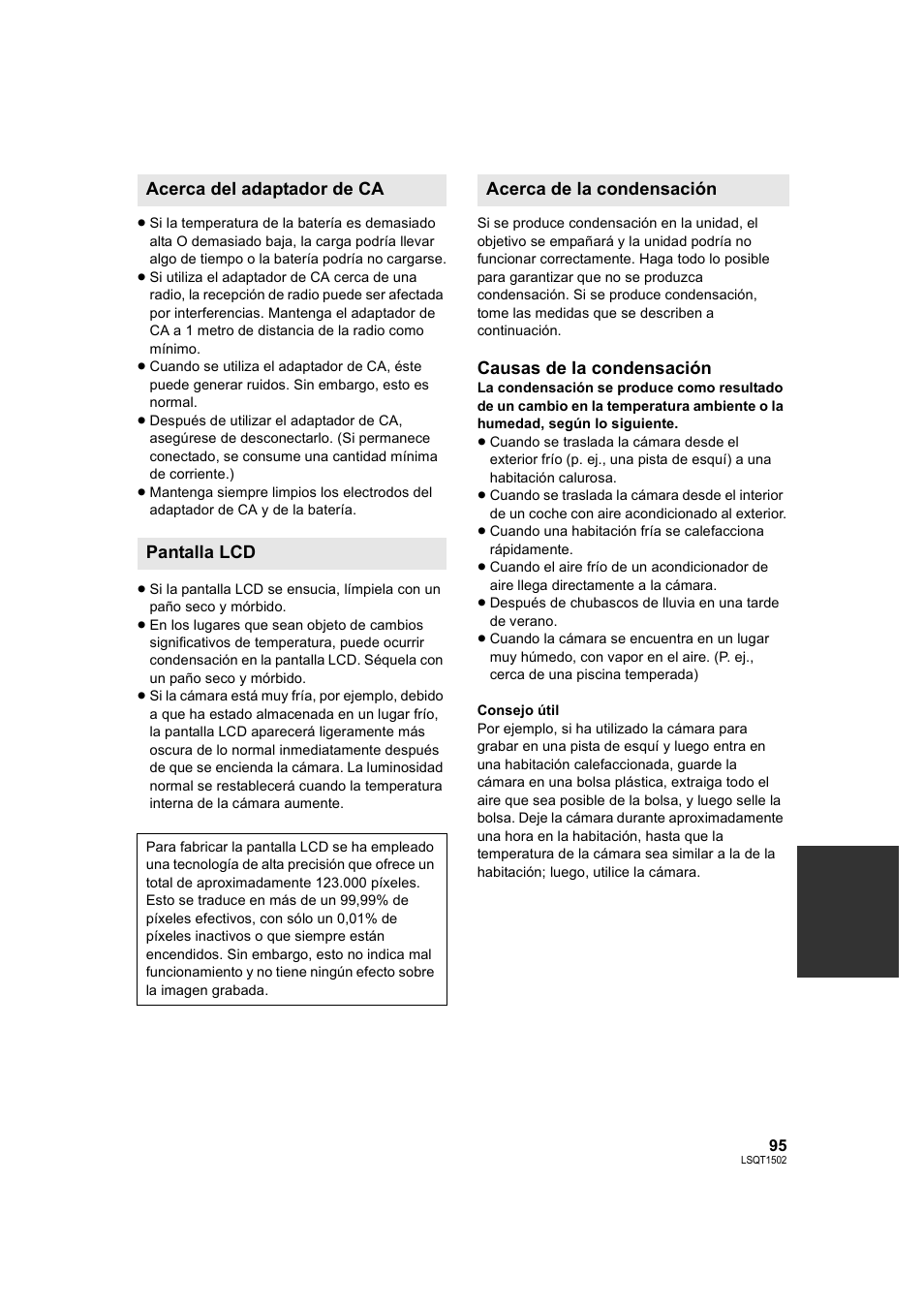 Causas de la condensación, Acerca del adaptador de ca pantalla lcd, Acerca de la condensación | Panasonic SDRS26 User Manual | Page 95 / 102