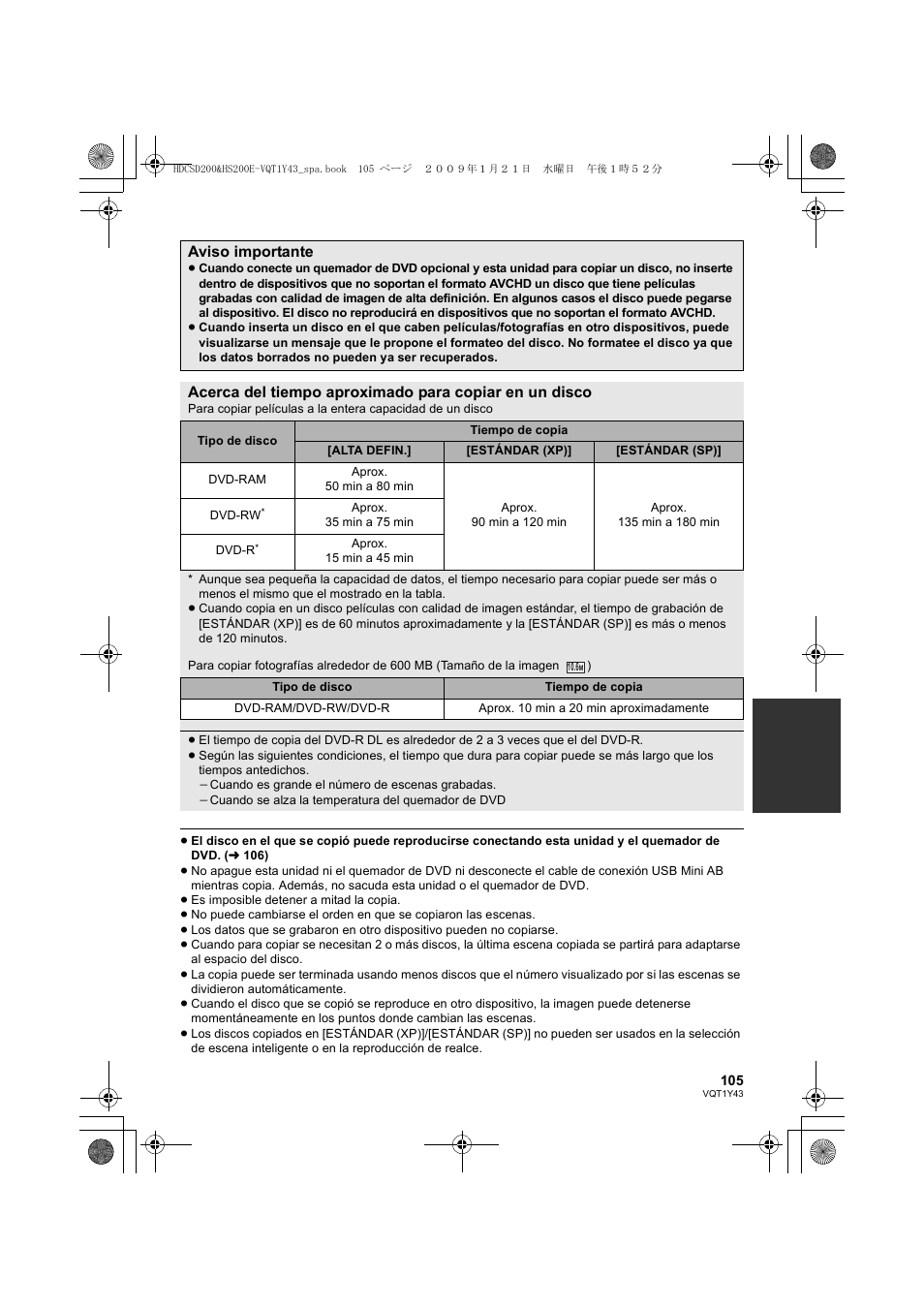 Aviso importante | Panasonic HDCHS200 User Manual | Page 105 / 144