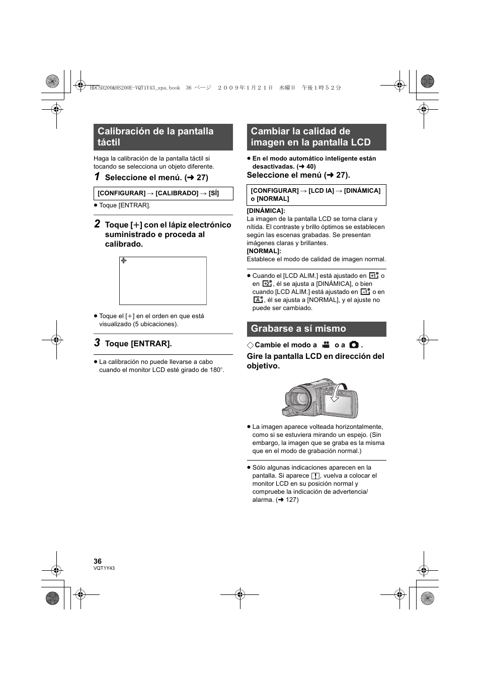 Calibración de la pantalla táctil, Cambiar la calidad de imagen en la pantalla lcd, Grabarse a sí mismo | Panasonic HDCHS200 User Manual | Page 36 / 144